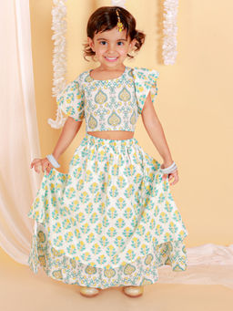 The Mom Store - Yellow and Blue Floral Print Girls Lehenga (Set of 2)