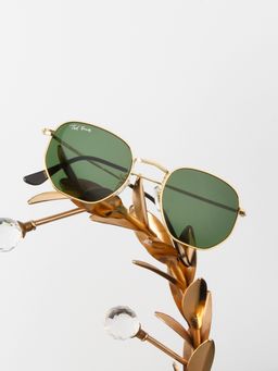 TED SMITH - Unisex Hexagonal Sunglasses Gold Frame Dark Green Glass Lenses