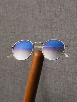 TED SMITH - Unisex Round Sunglasses Silver Metal Frame Blue Graded Glass Lenses 100% Uv Protection