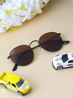 TED SMITH - Unisex Round Sunglasses Matt Black Metal Frame Brown Glass Lenses 100% Uv Protection