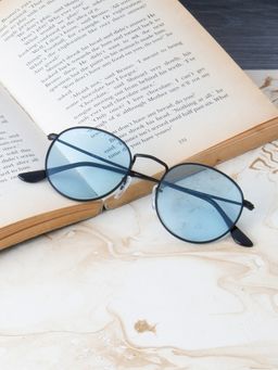 TED SMITH - Unisex Round Sunglasses Matt Black Metal Frame Candy Blue Glass Lenses 100% Uv Protection