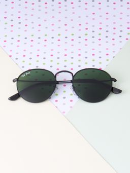 TED SMITH - Unisex Round Sunglasses Matt Black Metal Frame Dark Green Glass Lenses 100% Uv Protection