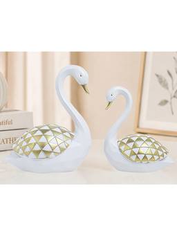Golden Peacock - White Gold Swan Pair Showpiece Décor (Pack Of 2)