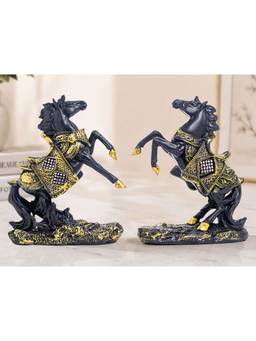 Golden Peacock - Black Rearing Horse Pair Showpiece Decor