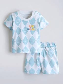 Hopscotch - Blue Printed Cotton T-shirt and Shorts