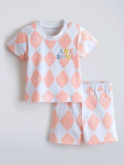 Hopscotch - Peach Printed Cotton T-shirt and Shorts