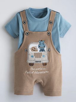 Hopscotch - Blue Printed Cotton T-Shirt and Dungaree