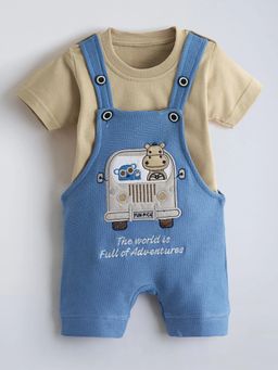 Hopscotch - Brown Embroidered Cotton T-Shirt and Dungaree