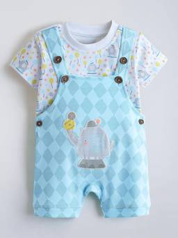 Hopscotch - Blue Printed Cotton T-Shirt and Dungaree
