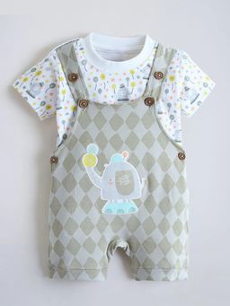 Hopscotch - White Printed Cotton T-Shirt and Dungaree