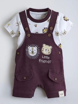 Hopscotch - Wine Printed Cotton T-Shirt and Dungaree