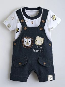 Hopscotch - Black Printed Cotton T-Shirt and Dungaree
