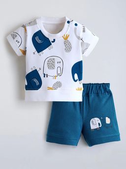 Hopscotch - Blue Printed Cotton T-shirt and Shorts