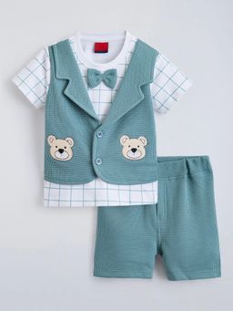 Hopscotch - Green Checks Cotton T-Shirt with Attached Waistcoat and Shorts