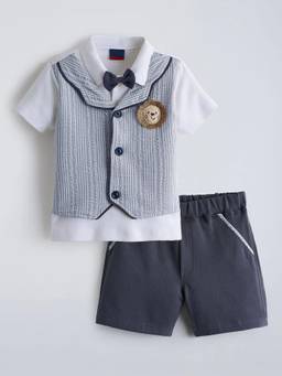 Hopscotch - Grey Textured Cotton Polo T-Shirt with Attached Waistcoat and Shorts