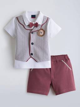Hopscotch - Maroon Textured Cotton Polo T-Shirt with Attached Waistcoat and Shorts