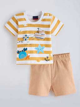 Hopscotch - Orange Stripes Cotton T-shirt and Shorts