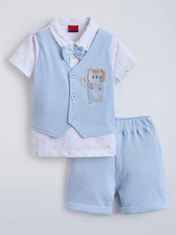 Hopscotch - Blue Printed Cotton Polo T-Shirt with Attached Waistcoat and Shorts