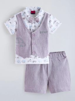 Hopscotch - Purple Printed Cotton Polo T-Shirt with Attached Waistcoat and Short