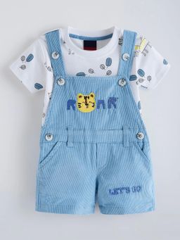 Hopscotch - Blue Printed Cotton T-Shirt and Dungaree