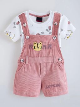 Hopscotch - Pink Printed Cotton T-Shirt and Dungaree