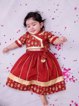 BownBee - Maroon Printed Cotton Blouse and Lehenga