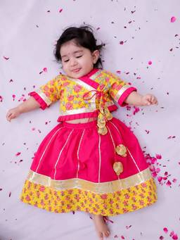 BownBee - Yellow Floral Cotton Blouse and Lehenga