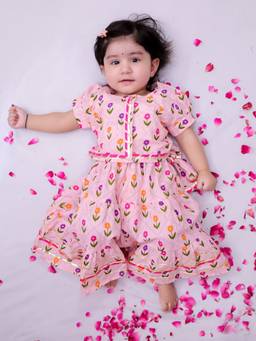 BownBee - Pink Floral Cotton Blouse and Lehenga