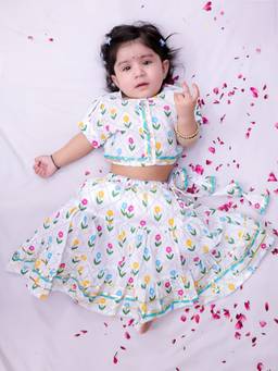 BownBee - White Floral Cotton Blouse and Lehenga