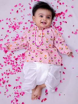 BownBee - Pink Floral Cotton Kurta and Dhoti