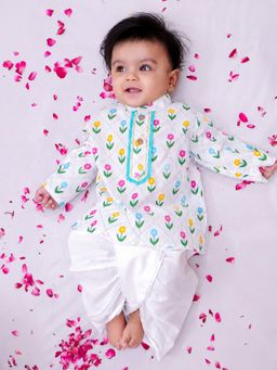 BownBee - White Floral Cotton Kurta and Dhoti