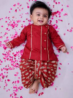 BownBee - Maroon Solid Cotton Kurta and Dhoti