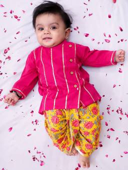 BownBee - Pink Floral Cotton Kurta and Dhoti