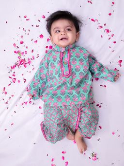BownBee - Green Floral Cotton Kurta and Dhoti