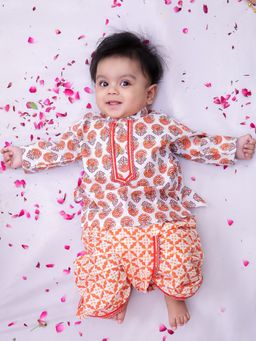 BownBee - White Floral Cotton Kurta and Dhoti
