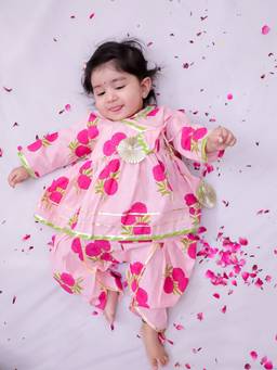 BownBee - Pink Floral Cotton Kurta and Dhoti