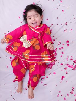 BownBee - Pink Floral Cotton Kurta and Dhoti