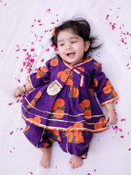BownBee - Purple Floral Cotton Kurta and Dhoti