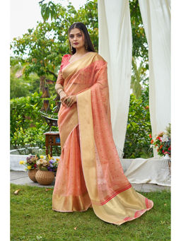 Mysilklove - Plum Peach Woven Silk Saree with Unstitched Blouse