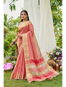 Mysilklove - Salmon Peach Tissue Woven Saree with Unstitched Blouse