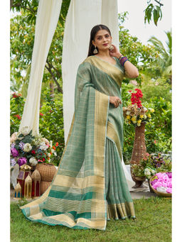 Mysilklove - Fern Green Tissue Woven Saree with Unstitched Blouse