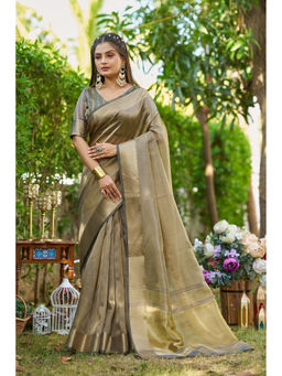 Mysilklove - Smokey Grey Tissue Woven Saree with Unstitched Blouse