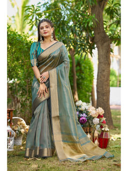 Mysilklove - Teal Blue Tissue Woven Saree with Unstitched Blouse