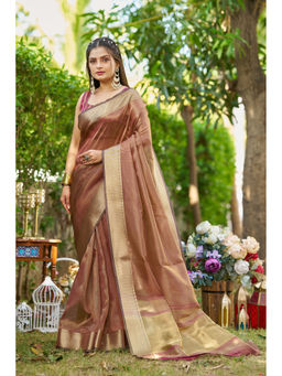 Mysilklove - Brown Tissue Woven Saree with Unstitched Blouse