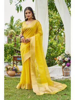 Mysilklove - Yellow Woven Linen Saree with Unstitched Blouse