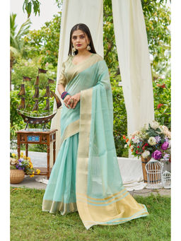 Mysilklove - Blue Woven Linen Saree with Unstitched Blouse