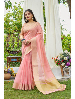 Mysilklove - Rose Pink Woven Linen Saree with Unstitched Blouse