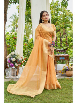 Mysilklove - Orange Woven Linen Saree with Unstitched Blouse