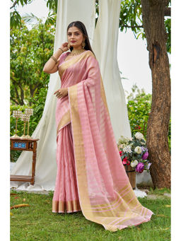 Mysilklove - Baby Pink Woven Tissue Saree with Unstitched Blouse