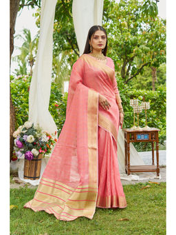 Mysilklove - Melon Peach Woven Tissue Saree with Unstitched Blouse